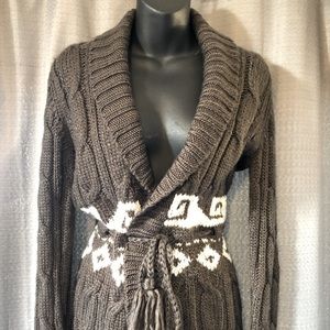 Shawl Collar long sweater with tie waist
